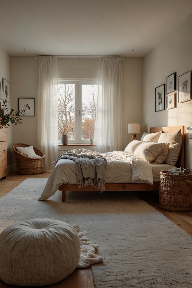 Helles aufgeraeumtes Schlafzimmer mit Stauraum und viel Sonnenlicht