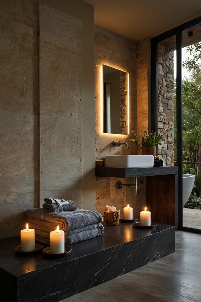 Helles Badezimmer mit Spa-Deko und Pflanzen