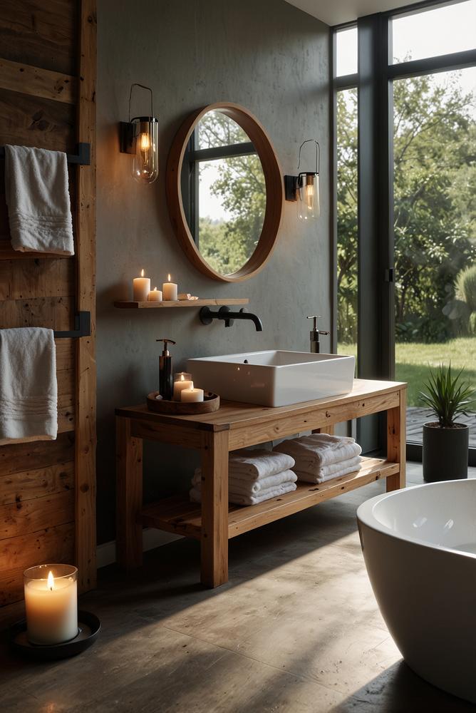 Gemütliche Badezimmerdeko mit Handtüchern und Kerzen im Winter