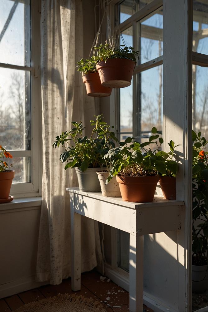 Winterliches Minigewächshaus auf Balkon mit Pflanzen