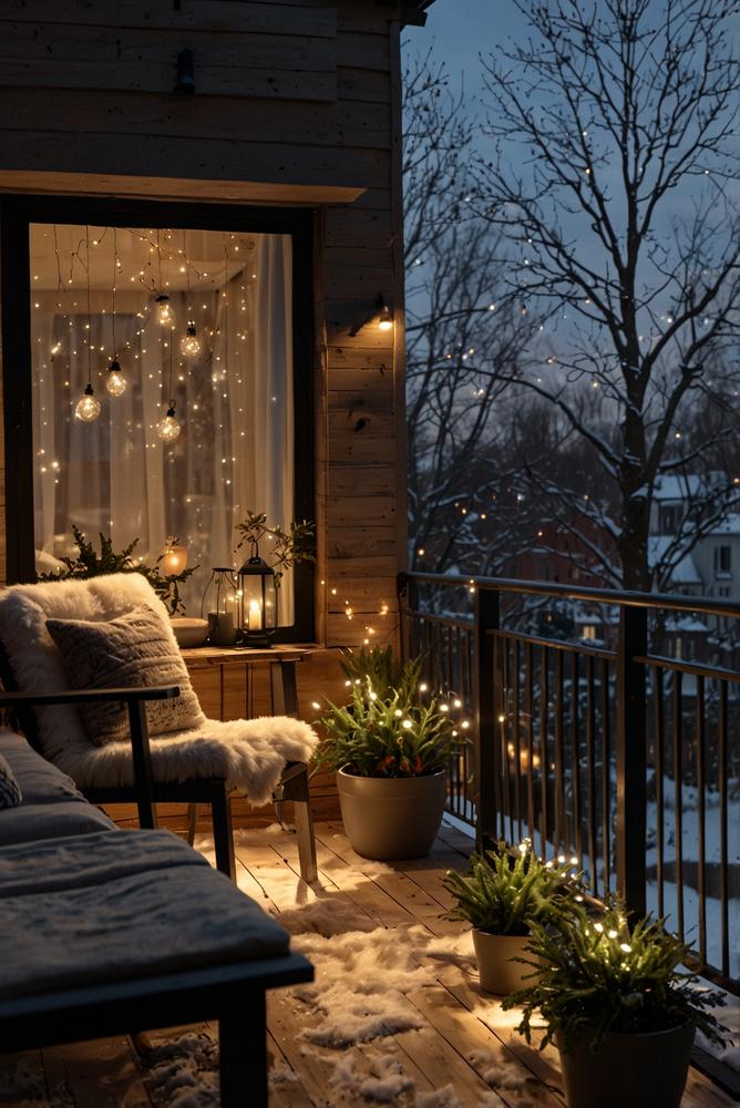 Winterlicher Balkon mit warmweißen Solarleuchten bei Tageslicht