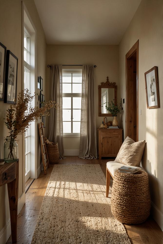 Einladender Eingangsbereich in Beige und Holzfarben im Winter