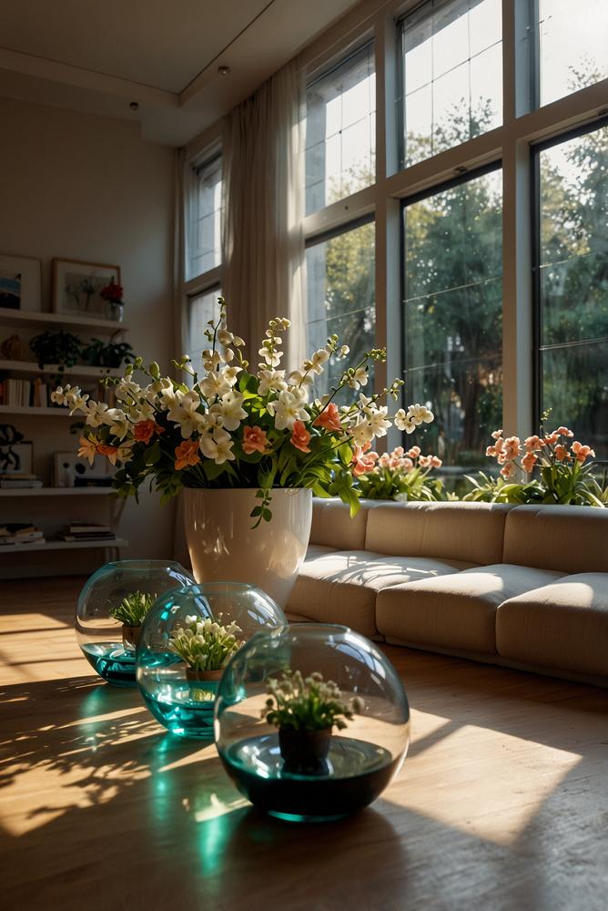 Beleuchtete Pflanzenarrangements in hellem Raum