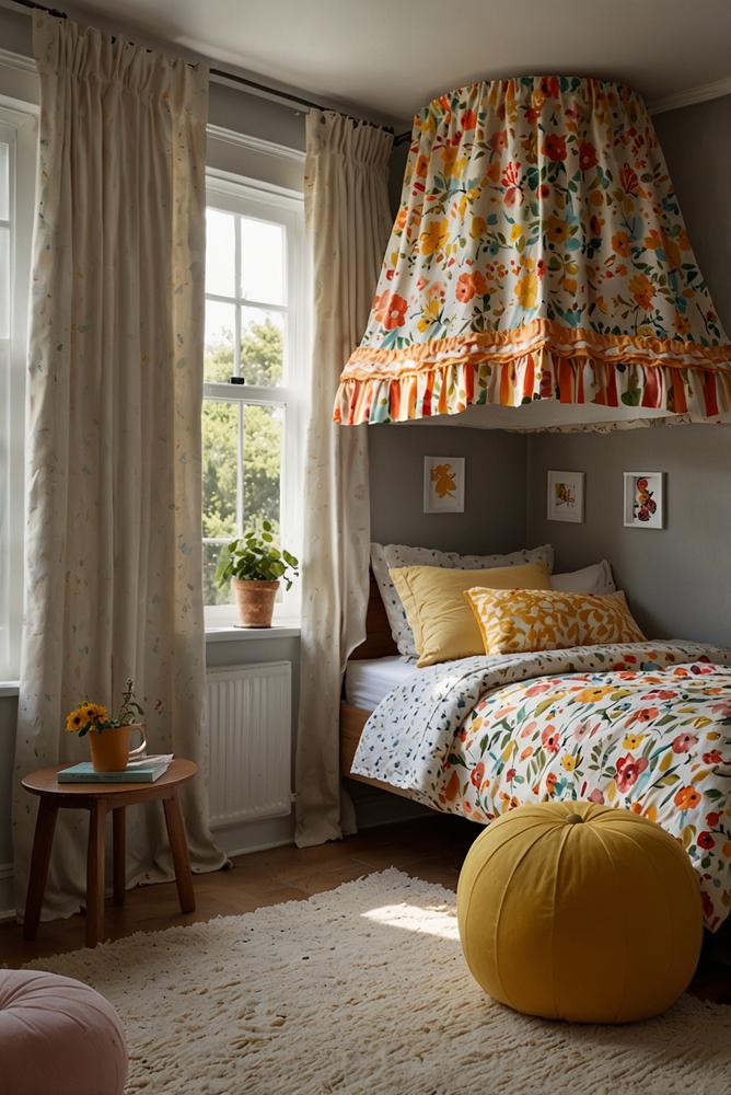 Bettnischen mit Vorhängen im hellen Kinderzimmer