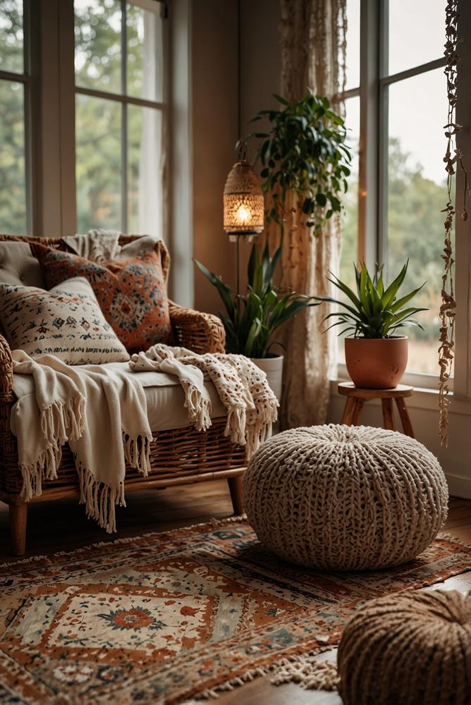 Heller Boho Cozy-Corner mit Teppichen und Decken im Winter