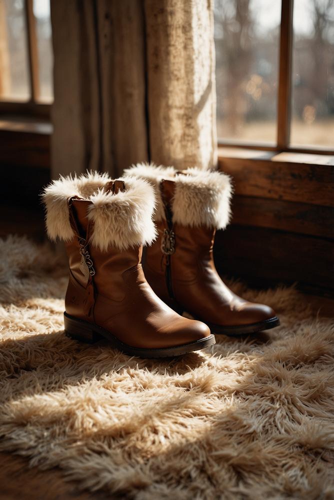 Fellgefütterte Boho-Stiefel im Ethno-Look in hellem Raum