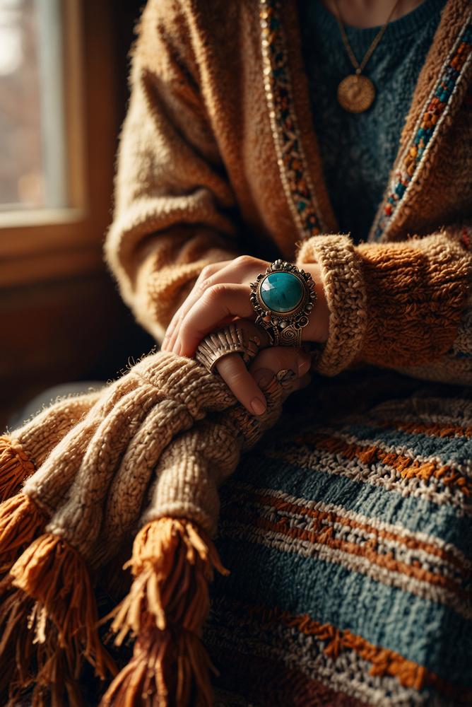 Boho Winterstil mit Ethno-Schmuck und warmen Handschuhen