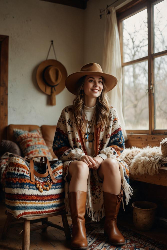 Lichtdurchflutetes Boho-Winterfestival-Outfit mit Schichten