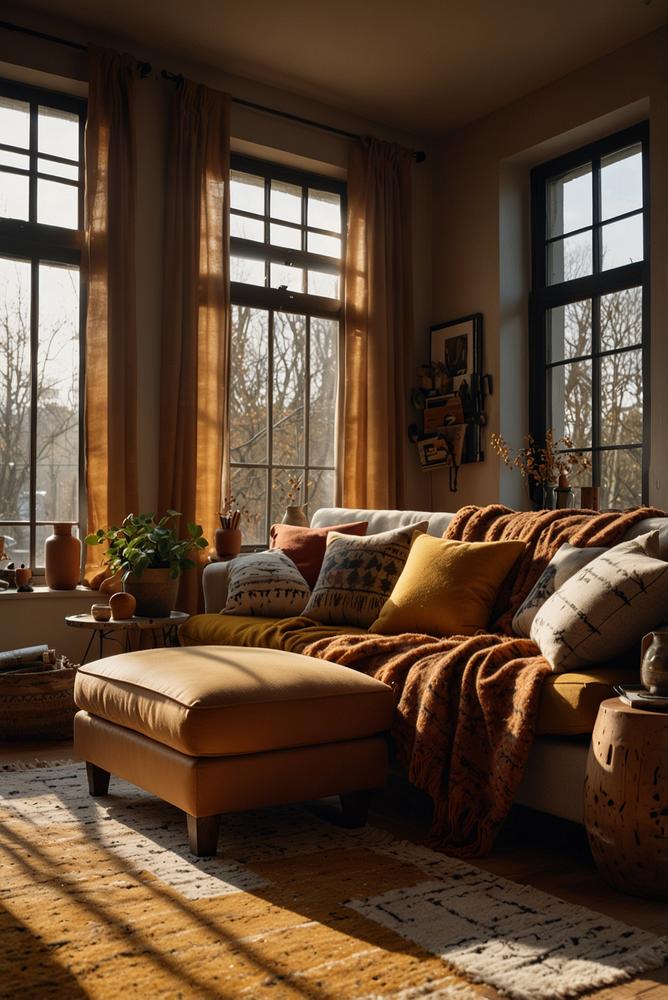 Boho-Winterfarben Senf Rost Bordeaux gemütlicher Wohnraum