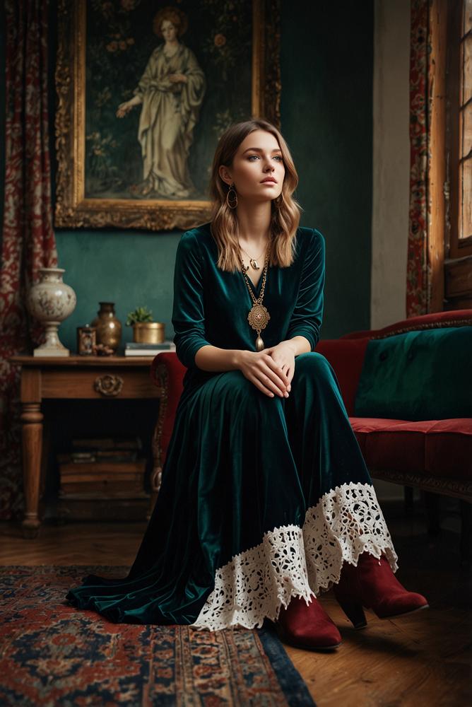 Boho Winterlook mit Samtoberteil und Spitze