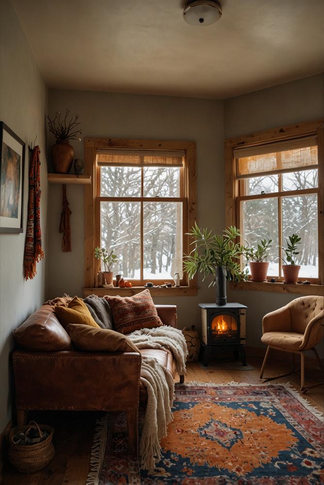 Boho-Winteroutfit mit Lederboots und Wollmütze in hellem Raum