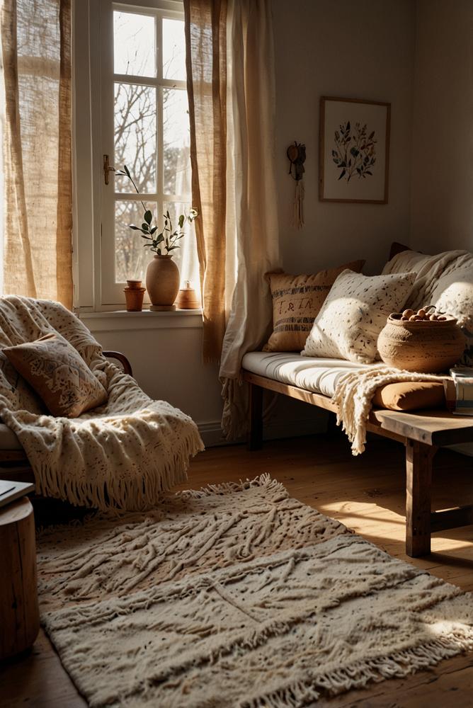 Helles Boho-Winterzimmer mit Oversized-Strick und Poncho