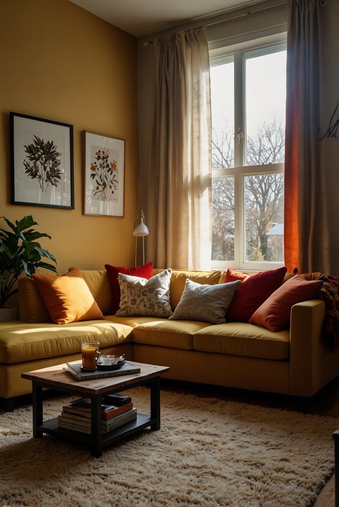 Wohnzimmer mit bunten Kissen und Decken im Winter