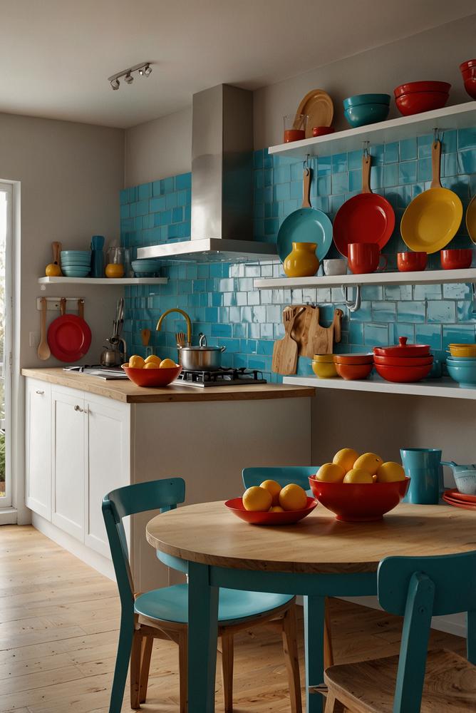 Helle Küche mit bunten Küchenaccessoires gegen Winter-Grau