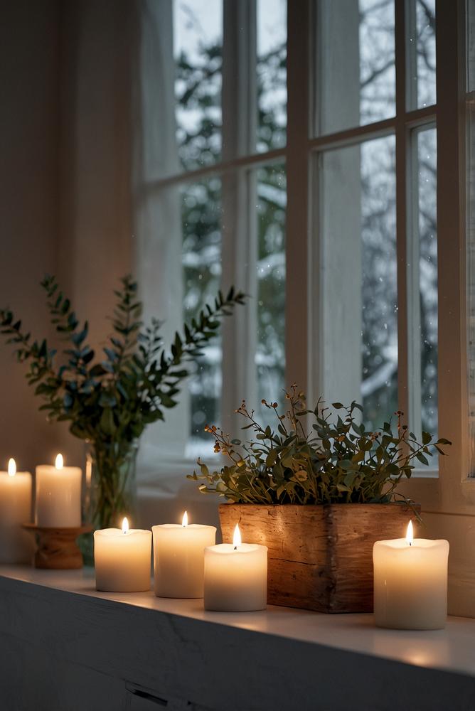 Bright and cozy winter window sill with white candles, green eucalyptus and fir branches, glass lanterns, and delicate wooden snowflakes in a sunlit modern room.
