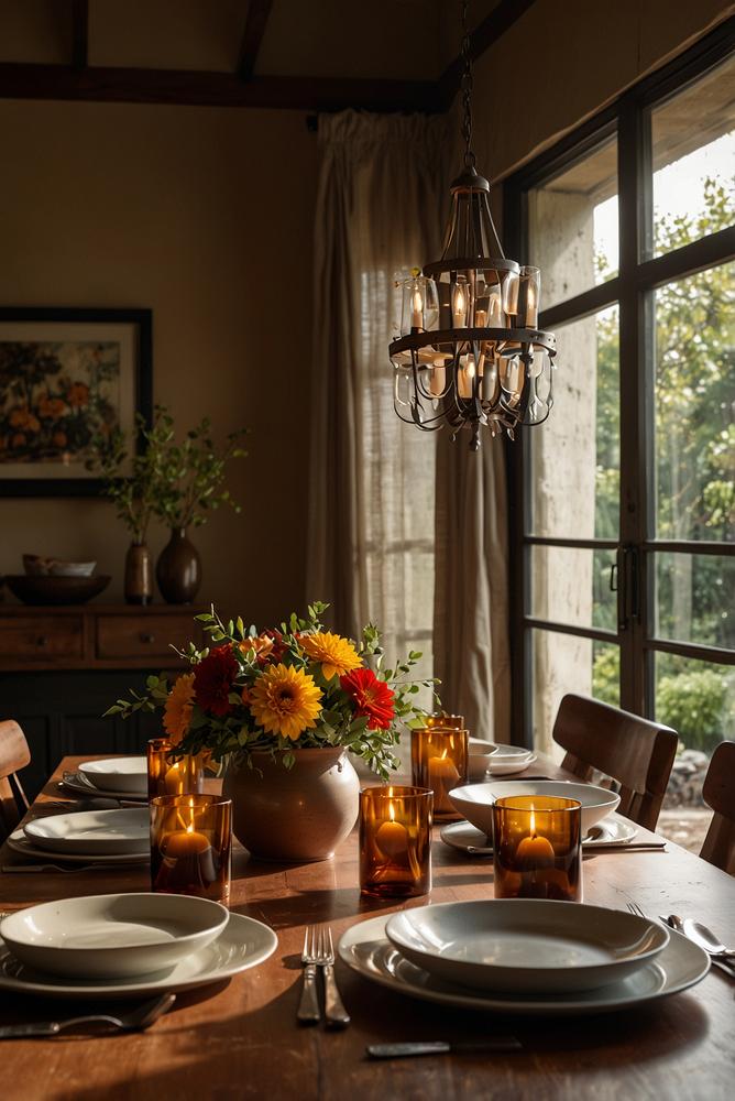 warm gestaltetes winterliches esszimmer mit dinner-set