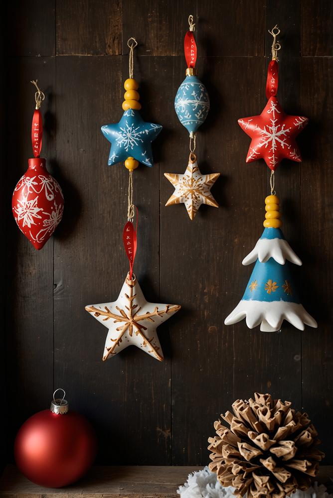 Bemalte Holzornamente als winterliche Wanddeko