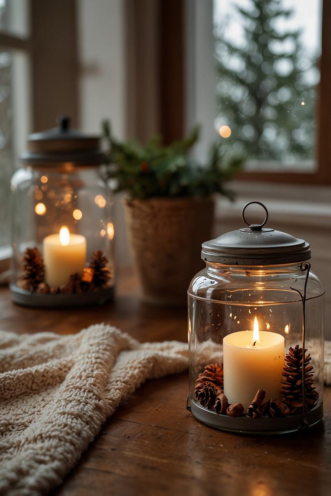 Winterdeko Laternen im Glas mit Teelicht