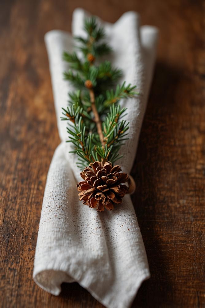 Serviettenringe aus Zimt und Tannengruen auf Esstisch