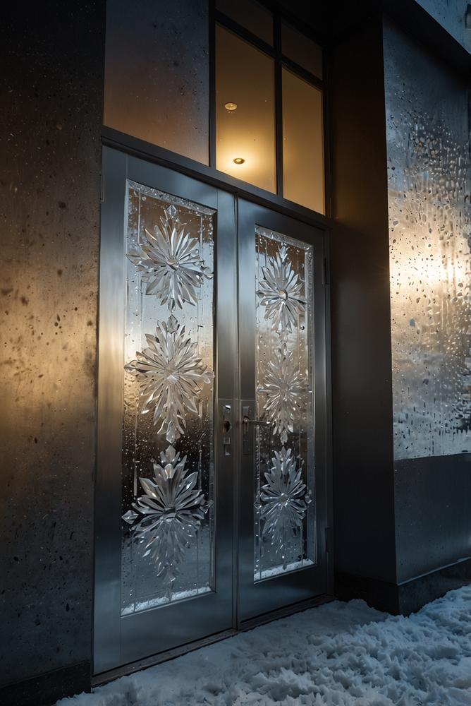 Eiskristall-Deko an Türfenstern im Winter