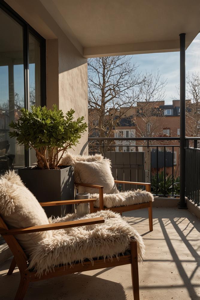 Elektrischer Heizstrahler auf einem winterlichen Balkon