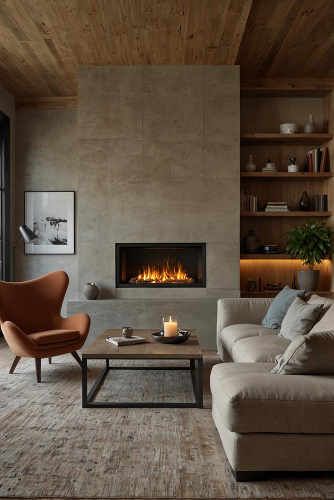 Heller Wohnraum mit elektrischem Kamin im Winter