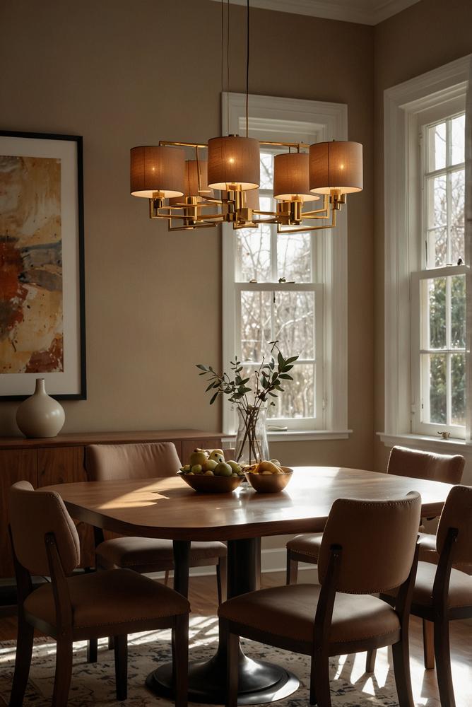 Esszimmer mit warmem Licht und Steh- sowie Hängeleuchten