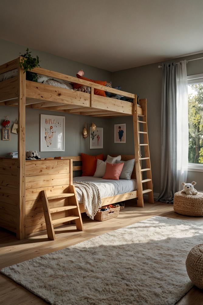 Helles Etagenbett mit Spielbereich im Kinderzimmer