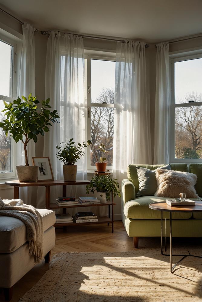 Helles Wohnzimmer mit lichtdurchfluteten Fenstern und Pflanzen