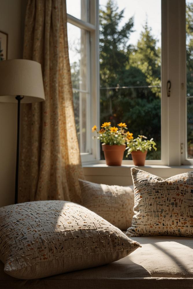 Fensterbank mit warmen Textilien und Kissen für Gemütlichkeit