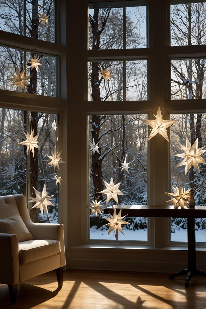 Helle Fenstersterne aus Papier als Winterdeko