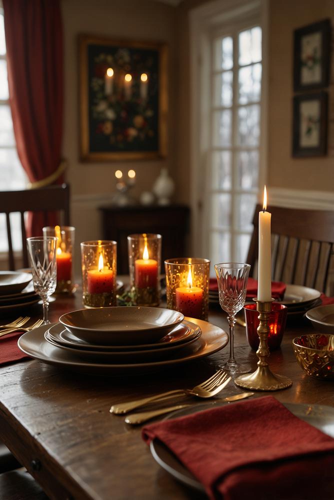 Winterlich dekorierter Esstisch in Rot, Braun und Gold