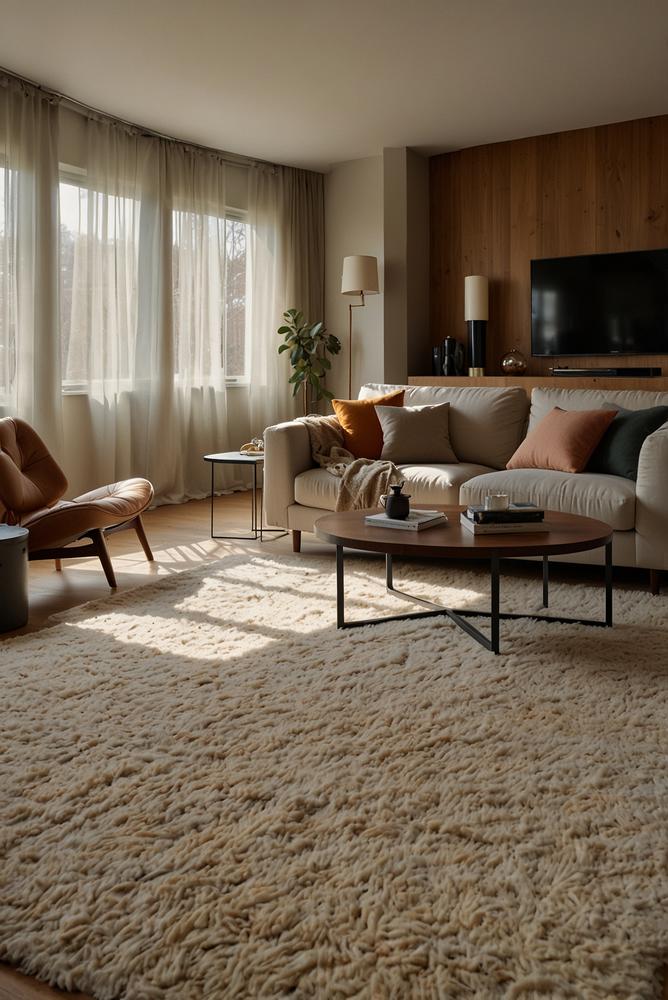 Helles Zimmer mit warmen Filztextilien und Sonnenlicht