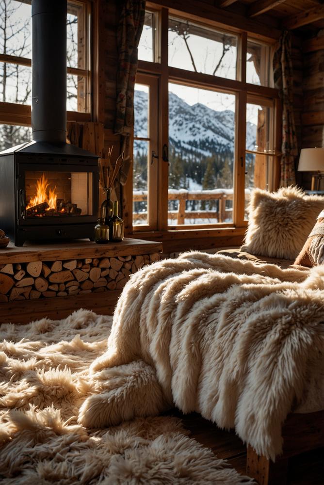 Gemütliche flauschige Decken und Kissen in Berghuette im Winter