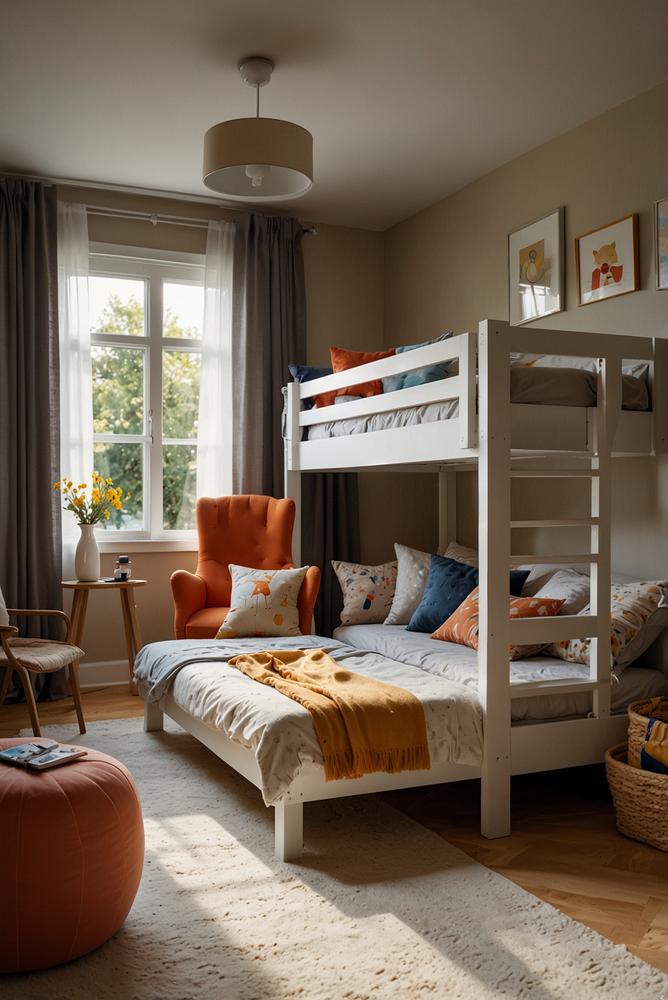 Helles Kinderzimmer mit flexiblem Hochbett und Schlafsofa