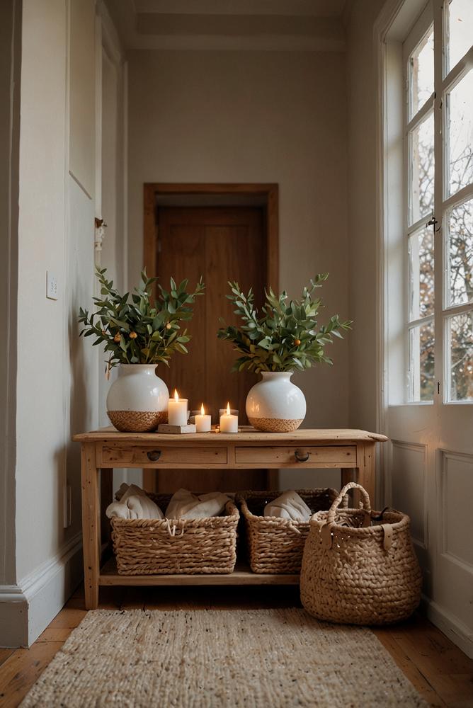 Hell und einladend dekorierte Flurkonsole mit Winterdeko