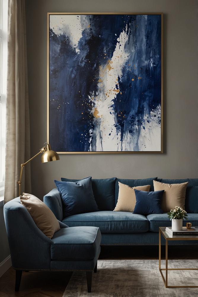 Galeriewand mit winterlichen Kunstdrucken in Kobaltblau