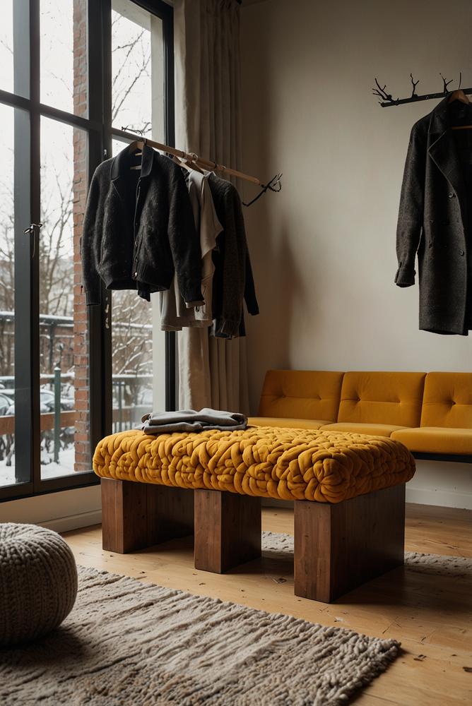 Garderobenbank mit Senf- und Graphit-Plaids, helle Winterdeko