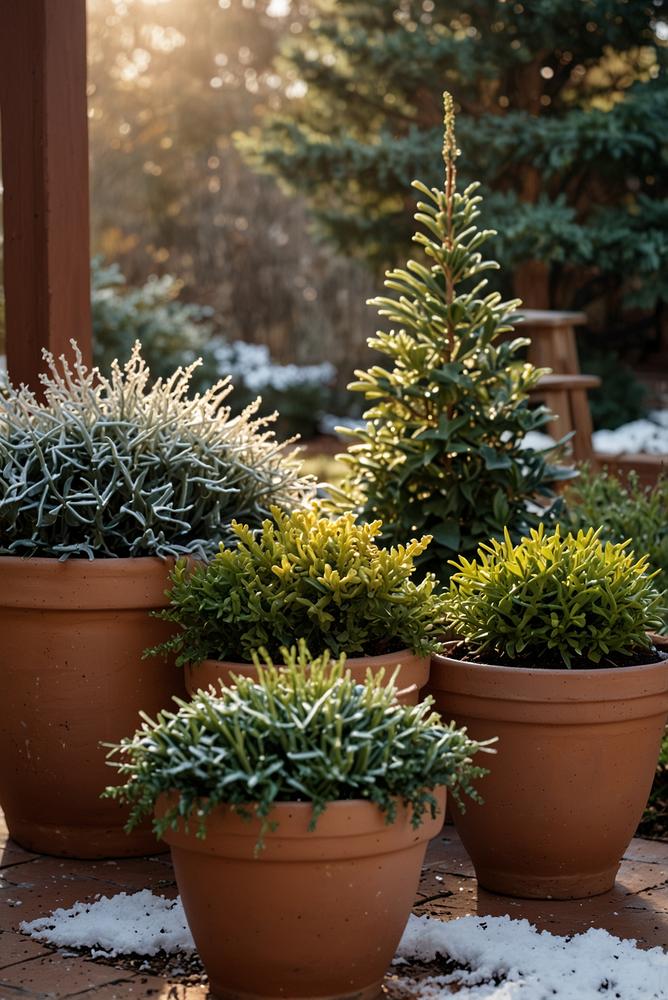 Winterlicher Garten mit frostfesten Pflanzgefaessen und Topfpyramiden
