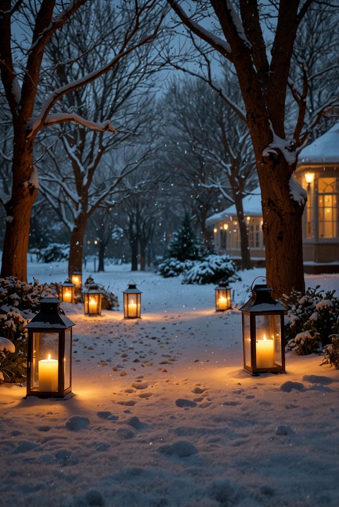 Wintergarten mit dekorativen Laternen am verschneiten Weg