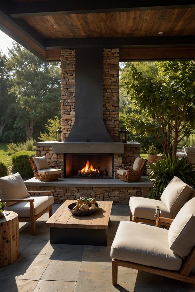 Gemauerter Outdoor-Kamin auf winterlicher Terrasse hell und einladend