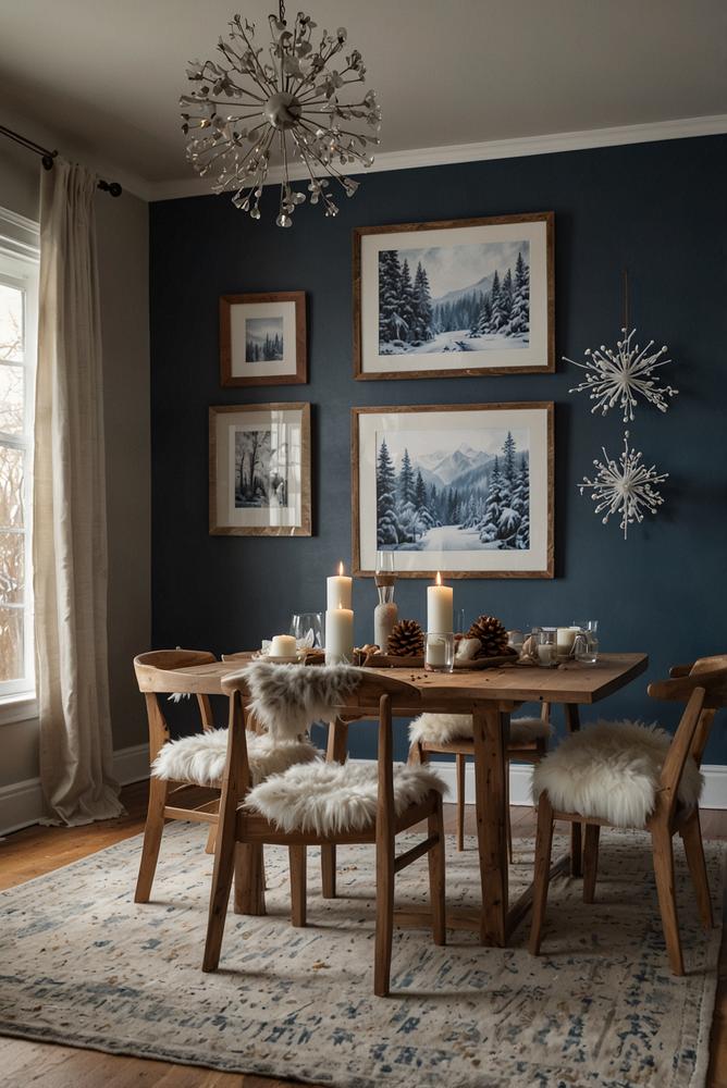 Winterliche Fotogalerie an Akzentwand im Esszimmer