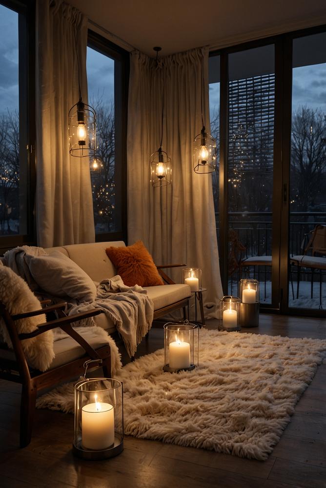 Gemütliche Balkon-Deko mit Decken und Heizstrahlern im Winter