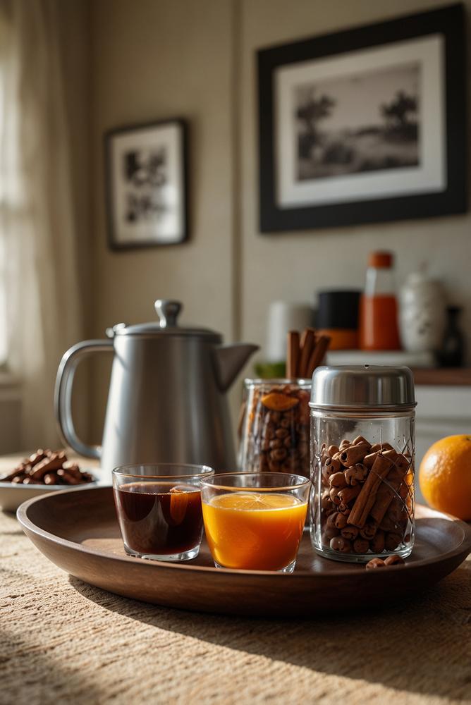 Helle, einladende Heiße-Getränke-Station mit Winterdeko