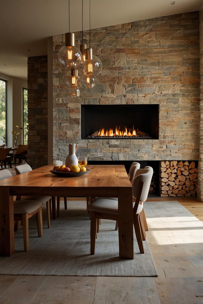 Esszimmer mit elektrischem Kamin und gemütlicher Atmosphäre