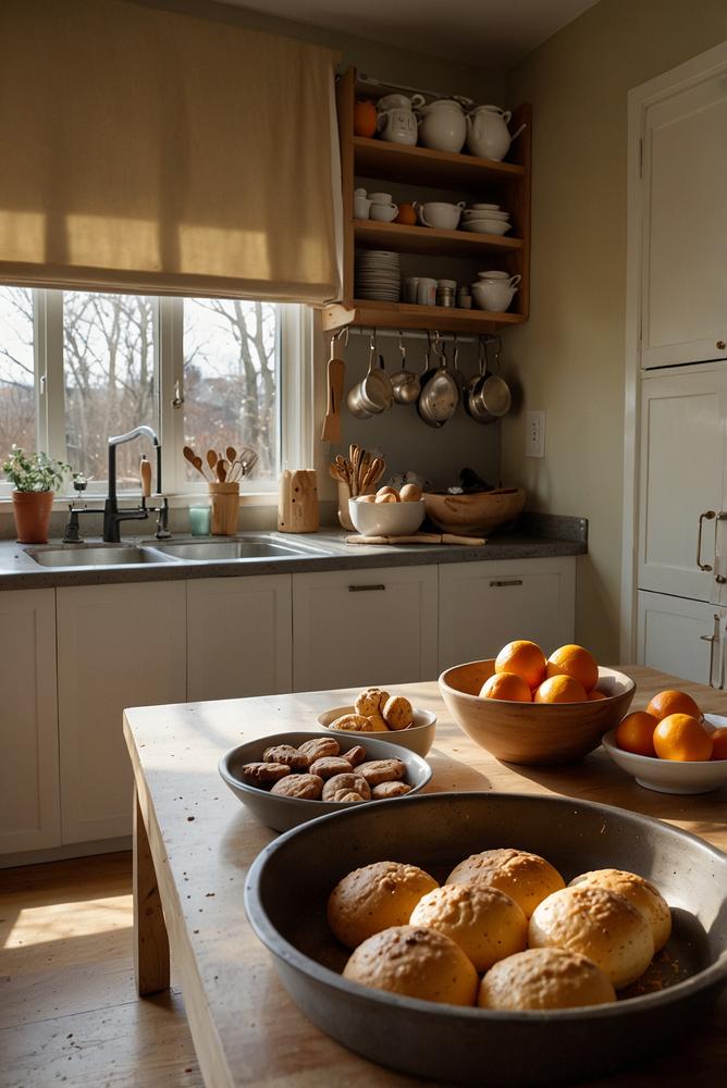 Helle Backstation in einer winterlichen Küche mit Deko