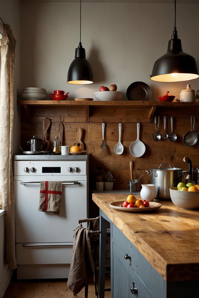 Schuerzen- und Utensilienwand in heller, winterlicher Kueche