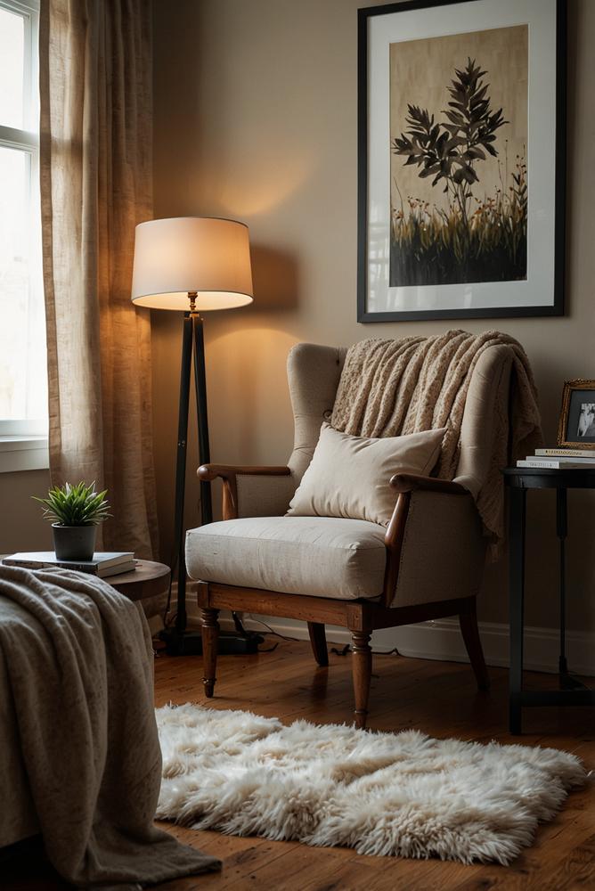 Helle gemütliche Leseecke im Schlafzimmer im Winter