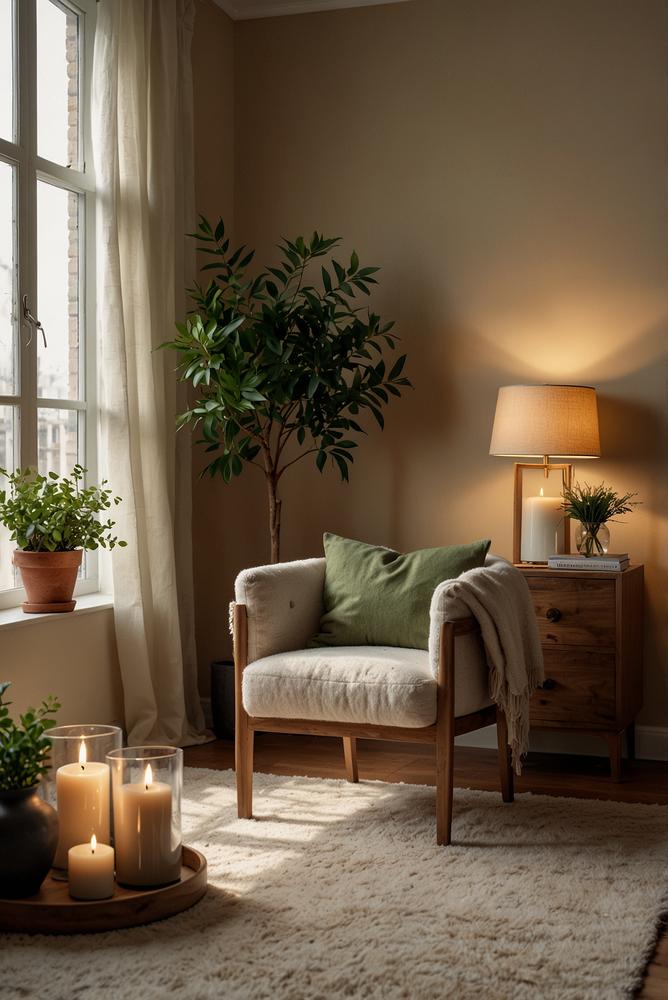 Gemütliche helle Leseecke mit warmen Kissen und Decken