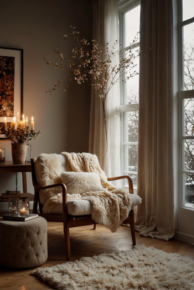 Helle gemütliche Leseecke mit warmem Licht im Winter